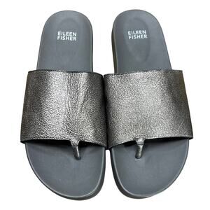 Eileen Fisher Size 8.5 Sandals Motion Metallic Nickel Leather Slip On Thong
